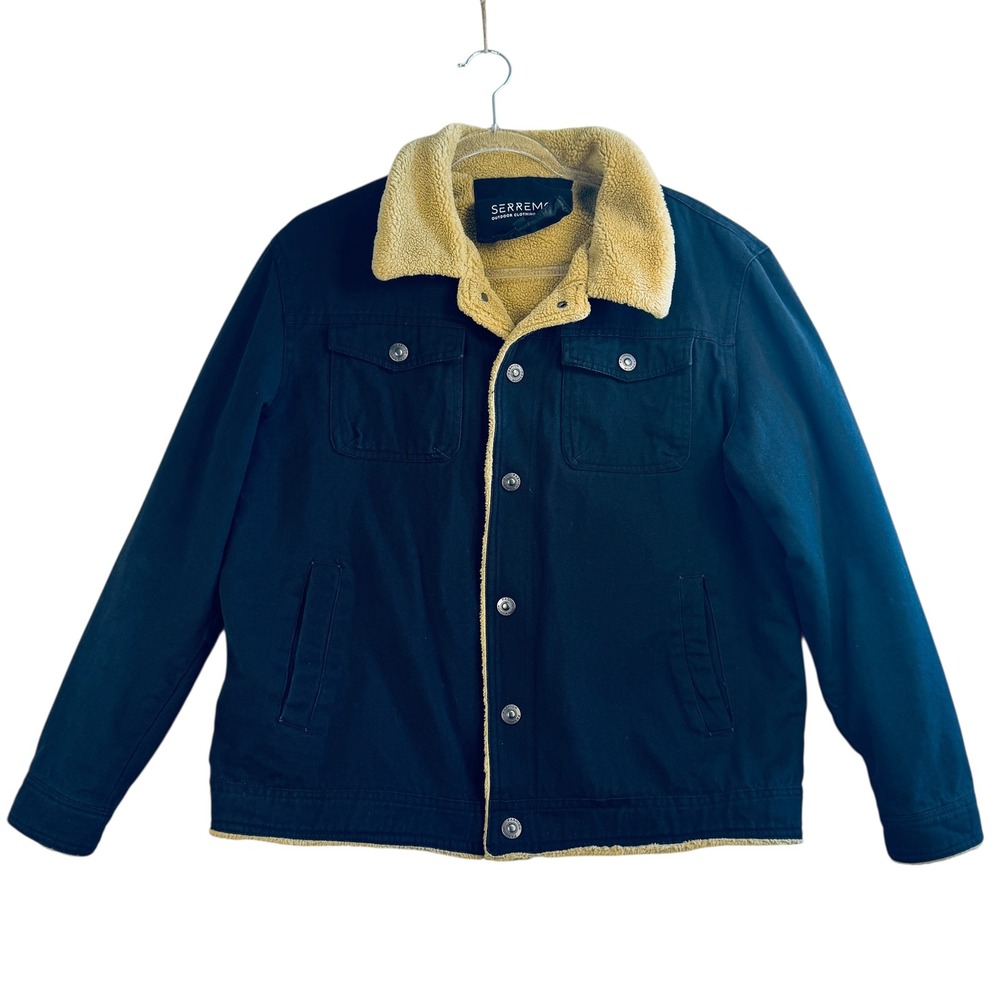 Serremo Black Sherpa Lined Canvas Jacket‎ Workwear Fleece Outdoor Layer Men L